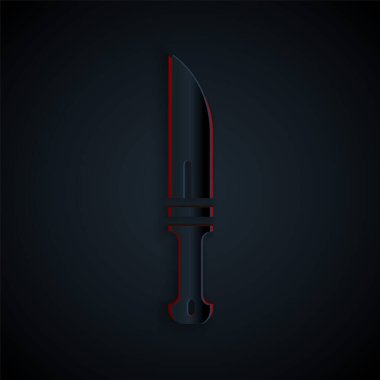 Kağıt kesiği Avcı bıçak ikonu siyah arka planda izole. Ordu bıçağı. Kağıt sanatı tarzı. Vektör.