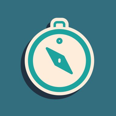 Yeşil Pusula simgesi yeşil arkaplanda izole edildi. Rüzgâr yön bulma sembolü. Rüzgar gül işareti. Uzun gölge tarzı. Vektör.