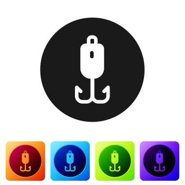 Siyah Balık kancası simgesi beyaz arkaplanda izole edildi. Balık oltası. Renkli kare düğmelerle simgeleri ayarla. Vektör.