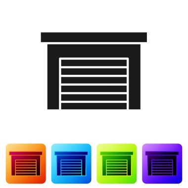 Beyaz arkaplanda siyah garaj simgesi izole edildi. Renkli kare düğmelerle simgeleri ayarla. Vektör.