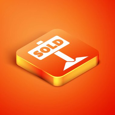 Turuncu arka planda izole edilmiş metin ikonu satılan Isometric Asılma işareti. Çıkartma satıldı. Tabela satıldı. Vektör.