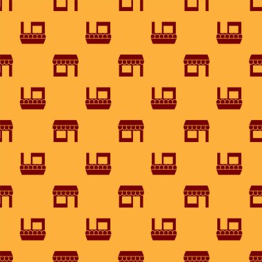 Kırmızı Alışveriş binası ya da market simgesi kahverengi arka planda izole edilmiş pürüzsüz desen. Dükkan inşaatı. Vektör.