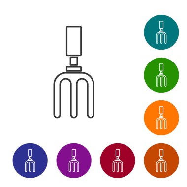 Siyah çizgi bahçe tırmık simgesi beyaz arkaplanda izole edildi. Bahçecilik, tarım, çiftçilik aleti. Toprak işçisi. Simgeleri renk daire düğmelerine ayarla. Vektör.