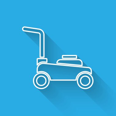 Beyaz çizgili çim biçme makinesi simgesi uzun gölgeli. Çim biçme makinesi çim biçiyor. Vektör.