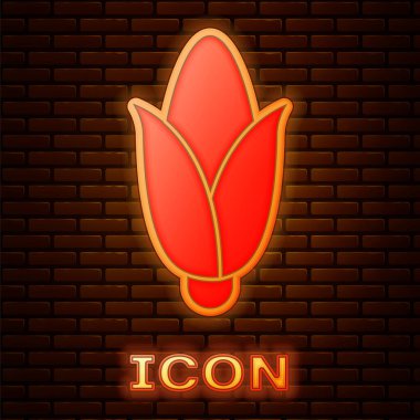Parlayan neon mısır ikonu tuğla duvar arka planında izole edilmiş. Vektör.