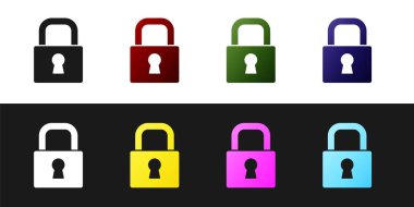 Kilit simgesini siyah ve beyaz arkaplanda izole et. Asma kilit işareti. Güvenlik, güvenlik, koruma, gizlilik kavramı. Vektör.