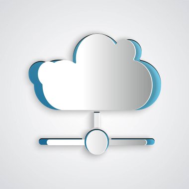 Kağıt kesiği Ağ bağlantısı simgesi gri arkaplanda izole edildi. Sosyal teknoloji. Bulut hesaplama konsepti. Kağıt sanatı tarzı. Vektör.