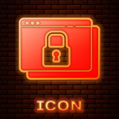 Parlayan neon ışıkları sitenizi HTTPS ile emniyete alın, SSL simgesi tuğla duvar arka planında izole edildi. İnternet iletişim protokolü. Vektör.