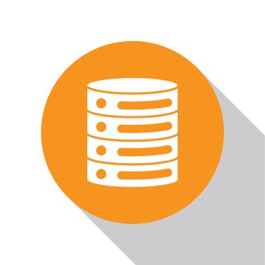 Beyaz Sunucu, Data, Web sunucu simgesi beyaz arkaplanda izole edildi. Turuncu daire düğmesi. Vektör.