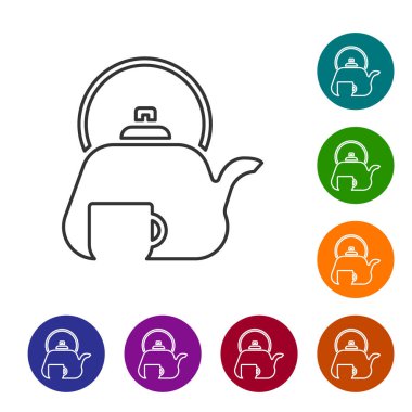 Siyah çizgi geleneksel çay seremonisi simgesi beyaz arkaplanda izole edildi. Fincanlı çaydanlık. Simgeleri renk daire düğmelerine ayarla. Vektör.