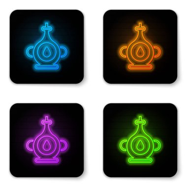 Parlayan neon yağ şişesi simgesi beyaz arkaplanda izole edilmiş. Siyah kare düğme. Vektör.