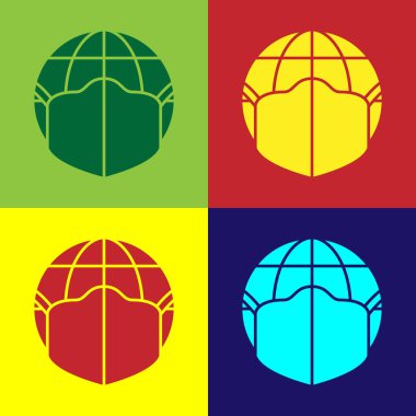 Tıbbi maske simgesine sahip Pop Art Earth küresi renk arkaplanında izole edildi. Vektör..