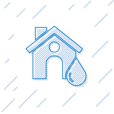 Mavi çizgi ev sel ikonu beyaz arka planda izole edildi. Suyun altındaki evi sel basıyor. Sigorta konsepti. Güvenlik, güvenlik, koruma, konsepti koruma...