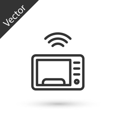 Gri çizgi Akıllı mikrodalga fırın sistemi simgesi beyaz arkaplanda izole edildi. Ev aletleri simgesi. İnternet kavramının kablosuz bağlantısı. Vektör.