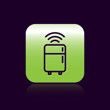 Siyah çizgi Akıllı buzdolabı simgesi siyah arkaplanda izole edildi. Buzdolabı buzdolabı. İnternet kavramının kablosuz bağlantısı. Yeşil kare düğmesi. Vektör.