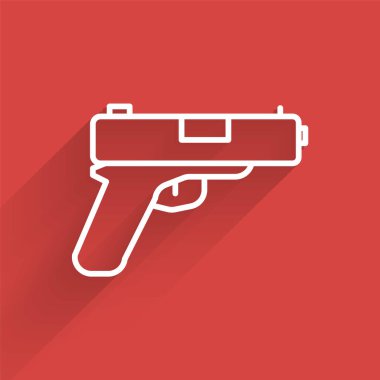 Beyaz çizgi tabanca ya da uzun gölgeli silah ikonu. Polis ya da askeri silah. Küçük ateşli silah. Vektör.