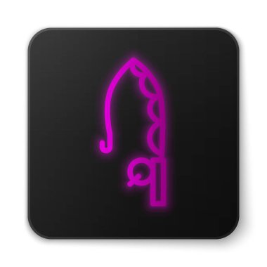 Parlayan neon hattı Balıkçı Çubuğu simgesi beyaz arkaplanda izole edildi. Büyük bir balık yakala. Balıkçılık ekipmanları ve balık çiftliği konuları. Siyah kare düğme. Vektör.