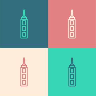 Pop sanat çizgisi gökdelen simgesi renk arkaplanında izole edildi. Metropolis mimarisi panoramik manzara. Vektör.