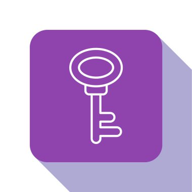 Beyaz çizgi ev anahtarı simgesi beyaz arkaplanda izole edildi. Mor kare düğme. Vektör.