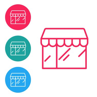 Kırmızı hat alışveriş binası veya market simgesi beyaz arka planda izole edildi. Dükkan inşaatı. Simgeleri daire düğmelerine ayır. Vektör.