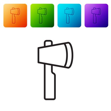 Siyah çizgi tahta balta simgesi beyaz arkaplanda izole edildi. Oduncu baltası. Renkli kare düğmelerle simgeleri ayarla. Vektör.