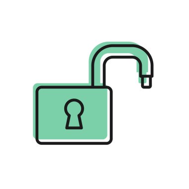 Siyah çizgi Açık asma kilit simgesi beyaz arkaplanda izole edildi. Kilit açık işareti. Siber güvenlik kavramı. Dijital veri koruması. Vektör.