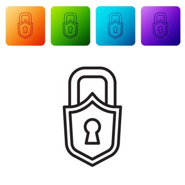Siyah çizgi kilidi simgesi beyaz arkaplanda izole edildi. Asma kilit işareti. Güvenlik, güvenlik, koruma, gizlilik kavramı. Renkli kare düğmelerle simgeleri ayarla. Vektör.