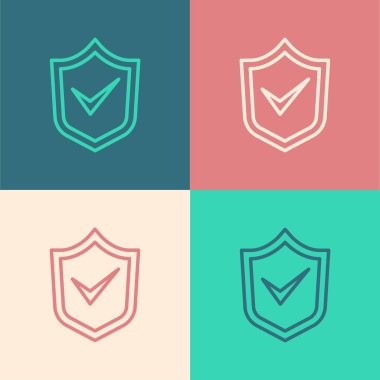 Renk arkaplanında işaretleme simgesi olan Pop Art Line Shield. Güvenlik, güvenlik, koruma, gizlilik kavramı. Kene izi onaylandı. Vektör.