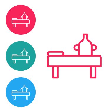 Beyaz zemin üzerinde yağ simgesi olan kırmızı çizgi masajı. Simgeleri daire düğmelerine ayır. Vektör.