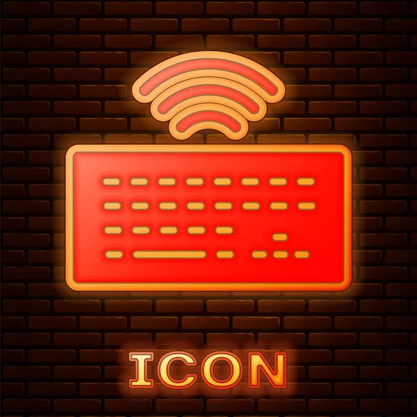 Neon Incandescente Icona Tastiera Del Computer Wireless Isolato Sfondo Muro — Vettoriale Stock