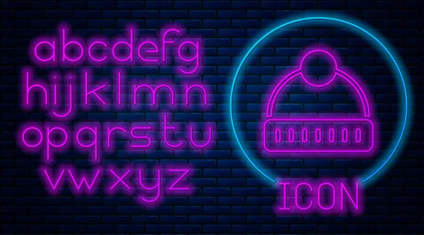 Leuchtende Neon Wintermütze Symbol Isoliert Auf Backsteinwand Hintergrund Neonlicht Alphabet — Stockvektor