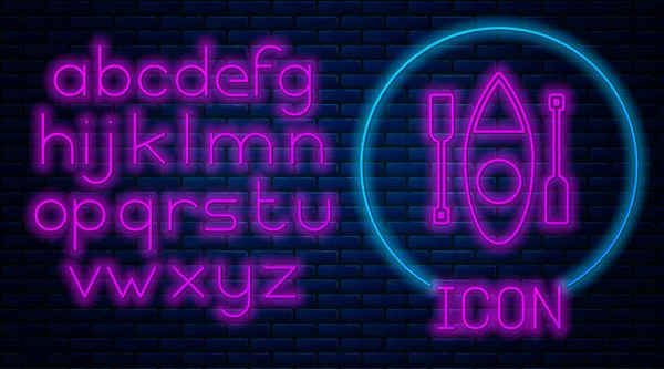 Leuchtende Neon Kajak Und Paddel Symbol Isoliert Auf Backsteinwand Hintergrund — Stockvektor