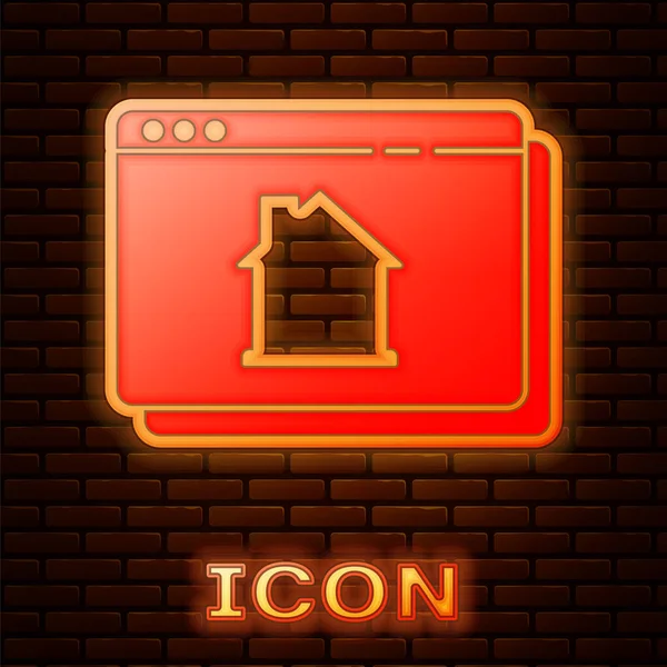 Glowing Neon Online Real Estate House Browser Icon Isolated Brick — Stock Vector