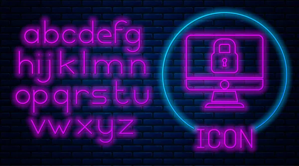 Világító Neon Zár Számítógép Monitor Képernyőjén Ikon Elszigetelt Téglafal Háttér — Stock Vector