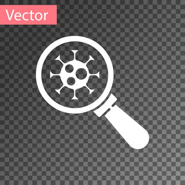 Virus Blanco Bajo Icono Lupa Aislado Sobre Fondo Transparente Virus — Vector de stock