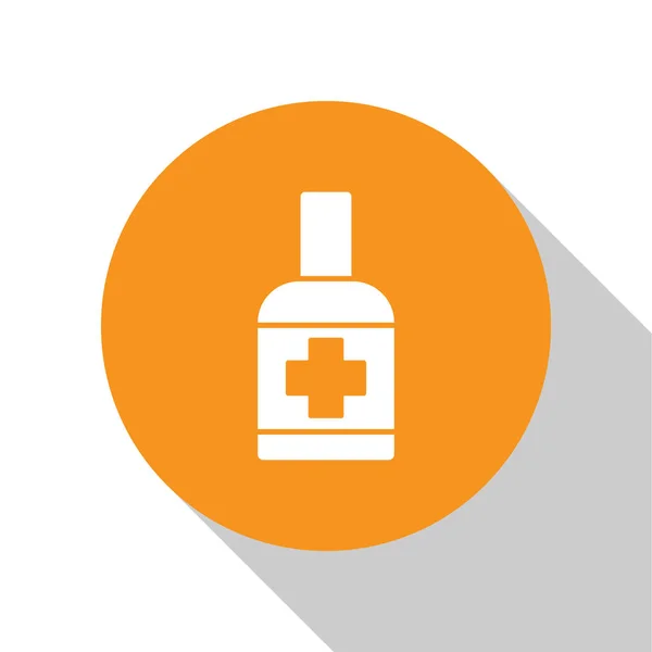 白色瓶的液体抗菌肥皂与配药图标分离的白色背景 防腐剂消毒 护肤橙色圆形按钮 — 图库矢量图片