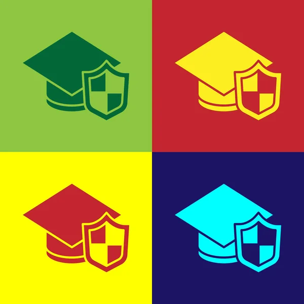 Pop Art Graduation Cap Shield Icon Isolated Color Background Insurance — Stock Vector