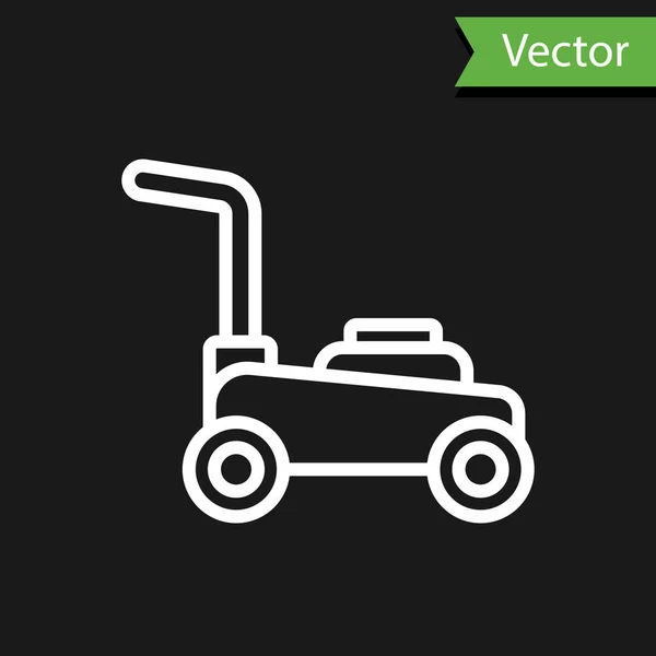 Weiße Linie Rasenmäher Symbol Isoliert Auf Schwarzem Hintergrund Rasenmäher Mähen — Stockvektor