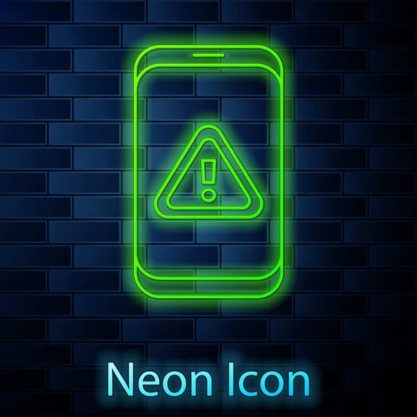 Glowing Neon Line Mobile Phone Exclamation Mark Icon Isolated Brick — Stock Vector