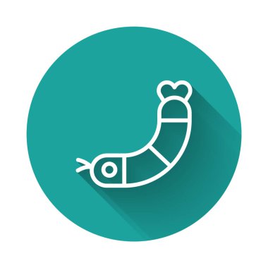 Beyaz çizgi karides ikonu uzun gölgeli izole edilmiş. Yeşil daire düğmesi. Vektör..