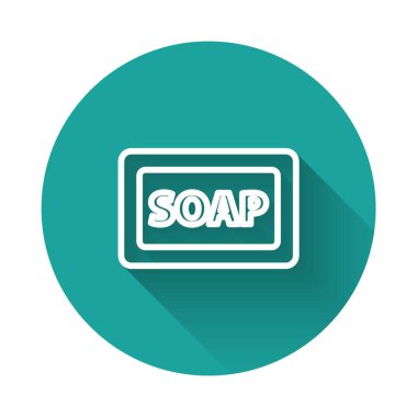 Uzun gölgeli beyaz çizgi sabun ikonu. Köpüklü sabun çubuğu. Yeşil daire düğmesi. Vektör..