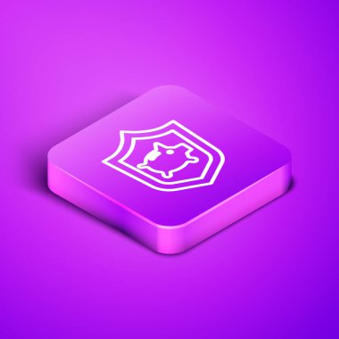 Mor arka planda izole edilmiş kalkan ikonu olan Isometric Line Piggy Bank. Para biriktirmek ya da biriktirmek, yatırım. Sigorta konsepti. Mor kare düğme. Vektör..