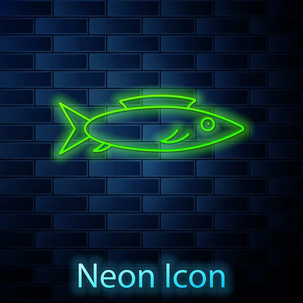 Сяюча Неонова Лінія Піктограма Риби Ізольована Фоні Цегляної Стіни Векторні — стоковий вектор