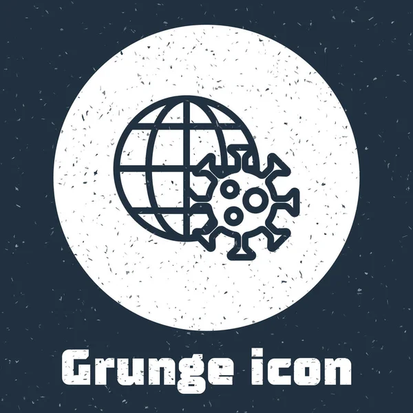 Grunge Ligne Globe Terrestre Avec Icône Virus Isolé Sur Fond — Image vectorielle