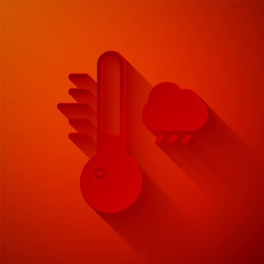 Kağıt kesiği Meteoroloji termometresi kırmızı arkaplanda izole edilmiş ikon ölçümü. Termometre termometresi sıcak ya da soğuk hava gösteriyor. Kağıt sanatı tarzı. Vektör İllüstrasyonu.