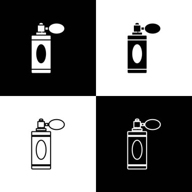 Siyah ve beyaz arkaplanda izole edilmiş atom ikonu ile tıraş losyonu şişesini ayarla. Parfüm spreyi ikonu. Erkek parfüm şişesi. Vektör İllüstrasyonu.