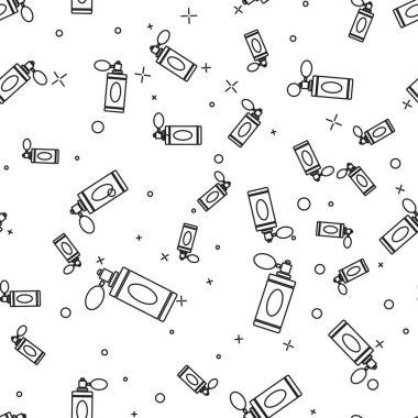 Atom simgesi olan siyah çizgi tıraş losyonu şişesi beyaz arka planda izole edilmiş kusursuz desen. Parfüm spreyi ikonu. Erkek parfüm şişesi. Vektör İllüstrasyonu.