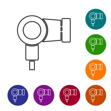 Siyah çizgi saç kurutma ikonu beyaz arkaplanda izole edildi. Saç kurutma makinesi tabelası. Saç kurutma sembolü. Sıcak hava üflüyor. Simgeleri renk daire düğmelerine ayarla. Vektör İllüstrasyonu.