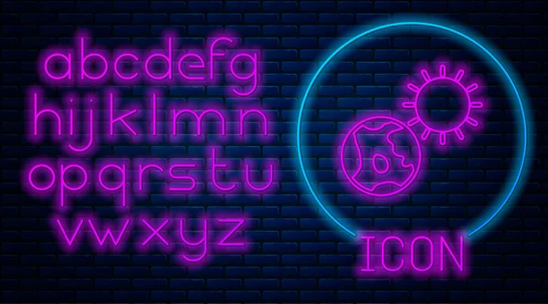 Gloeiende Neon Aarde Bol Zon Pictogram Geïsoleerd Baksteen Muur Achtergrond — Stockvector