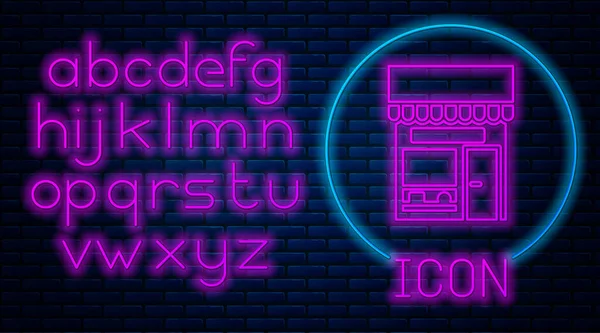 Ragyogó Neon Bevásárlóépület Vagy Áruház Ikon Elszigetelt Téglafal Háttér Műhelyépítés — Stock Vector